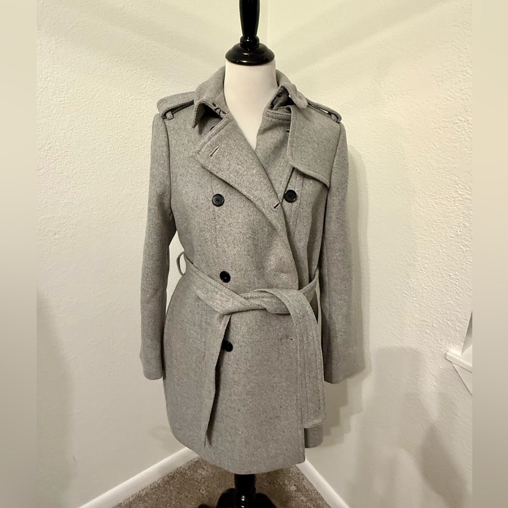 Ann Taylor Light Gray Trench Coat, Size Petite Large